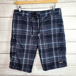 O'Neill Swim Trunks Mens 32 Black Board Shorts Surfing Beach Plaid Casual Adults